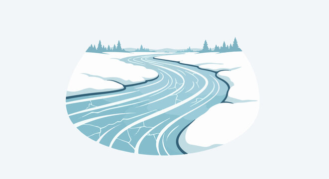 A winding, frozen river with icy cracks, bordered by snow-covered banks and distant trees