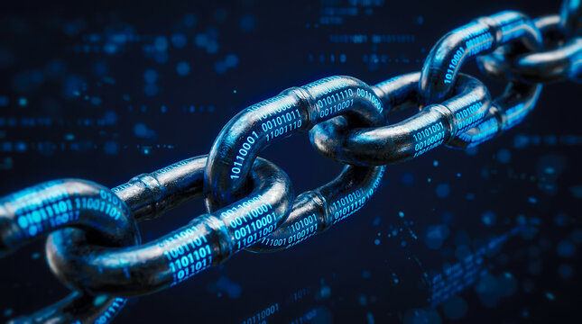 A metallic chain representing blockchain technology with glowing blue binary code on dark background