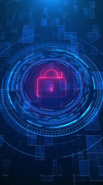 Digital security lock scanner neon magenta padlock, blue circular gauges, floating rectangles, deep technology space. firewall videos, privacy dashboards, cyber alerts, login screens, data overlays.