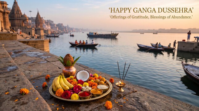 Vibrant fruit offering platter with flowers and coconut for ganga dussehra festival celebration by sacred river ganges varanasi india warm golden hour ... 