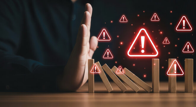 Businessman Hand Stopping Falling Wooden Blocks Representing Effective Risk Management and Crisis Prevention Strategy Concept