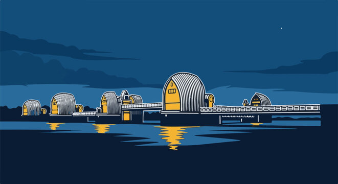 Futuristic domed structures on stilts over water under a starry night sky
