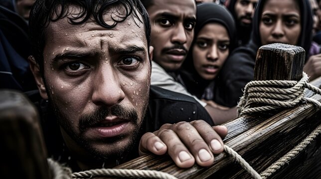A group of refugees on a wooden boat crossing the sea. Close-up on a young man's face with a serious expression. Concept of migration, humanitarian crisis, and seeking asylum at sea