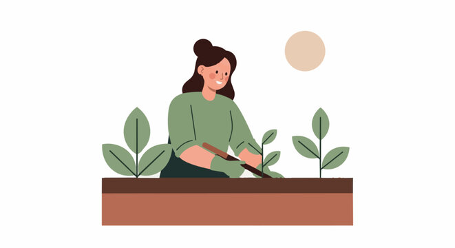 Woman planting seedlings in garden bed with sun overhead.