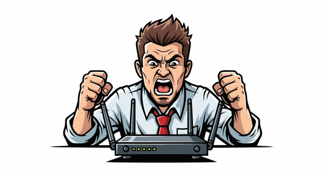 Angry businessman shouting at a malfunctioning router with fists raised