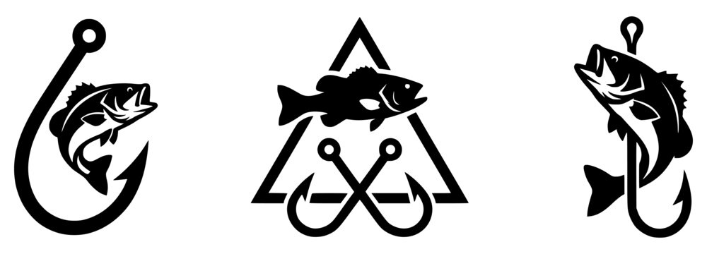 Bass Fishing Logo Emblem Vector Set, Largemouth Fish and Hook Silhouette Graphics Collection