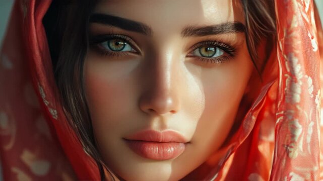 Soft-focus close-up of a woman's serene face. Crimson headscarf drapes gently around her shoulders. Eyes glisten with a warm, natural light. Subtle shadows frame her cheekbones and lips