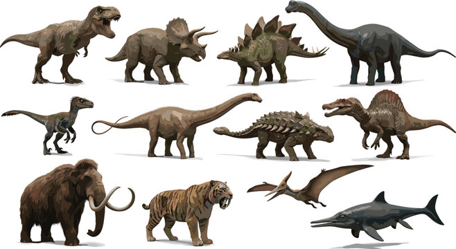 Collection of realistic prehistoric animals featuring famous dinosaurs, mammoth, saber-toothed tiger, and marine reptiles isolated on white background for educational and scientific projects