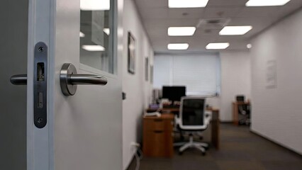 Fototapeta premium Contemporary office interior professional workspace with calm blurred door design
