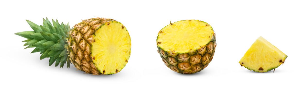 Ripe pineapple slices isolated on white background. Half of pineapple or ananas. Cut in slice of ananas.
