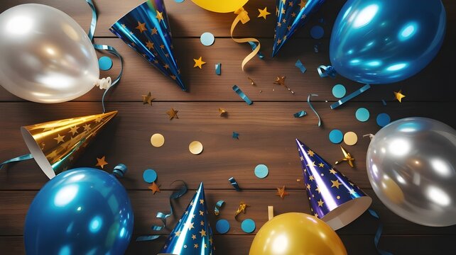 Vibrant party decorations with blue gold and silver balloons confetti and hats on a wooden table for celebrations and events