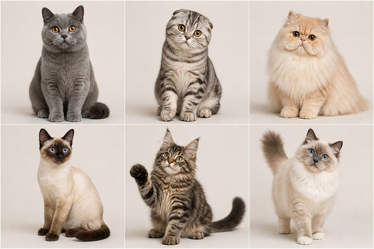 A clean studio portrait collection of six different cat breeds arranged in a 2x3 grid layout on a neutral beige background. The set includes cute cats with varied fur colors, blue and amber eyes, fluf