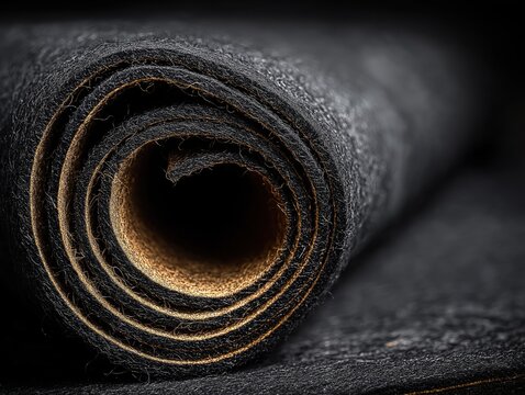 Dark rolled yoga mat texture showcased with extreme close up detail featuring natural rubber material layers
