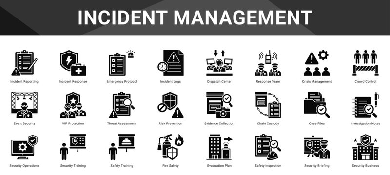 INCIDENT MANAGEMENT  Icon set collection. Vector icon pack featuring thematic icons for your presentations or business.