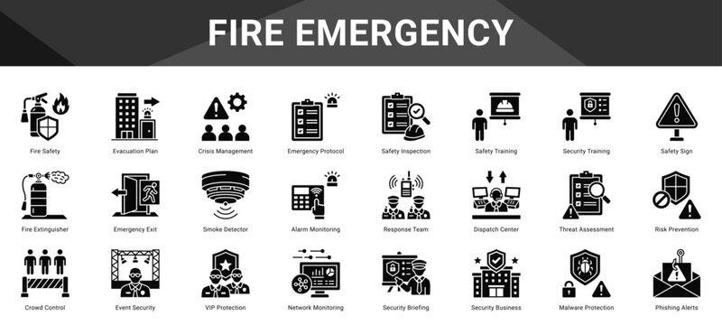 FIRE EMERGENCY  Icon set collection. Vector icon pack featuring thematic icons for your presentations or business.
