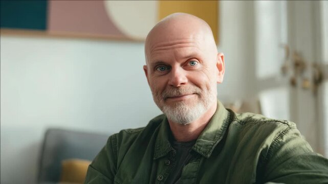 A man with a beard and blue eyes is smiling at the camera. He wears a green shirt and has grey hair. The background suggests a cozy interior setting with warm lighting.