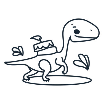Outline of birthday dinosaur carrying a cake atop its back