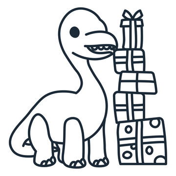Outline of birthday dinosaur beside a pile of gifts