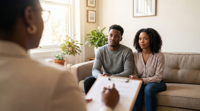 African american couple sitting on couch during therapy session with therapist. Counseling appointment with advisor in home office. Mental health support, relationship consultation concept.