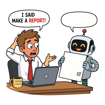 Cartoon illustration of confused office worker and AI robot with empty speech bubble representing chatbot communication and artificial intelligence interaction.