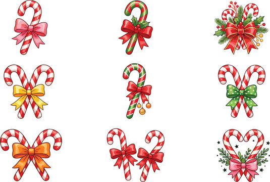 Festive Christmas candy cane decorations with bows, holly, ornaments, and heart shapes arranged in colorful seasonal holiday collection
