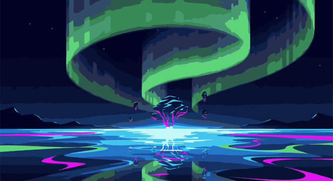 Pixelated surreal landscape with glowing aurora and floating crystalline structures