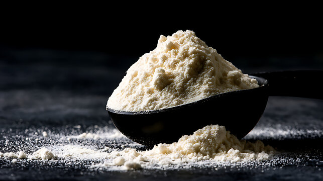 Creatine monohydrate powder in a scoop on a dark surface with loose powder scattered around. A black scoop holds creatine monohydrate powder. The powder is fine and white, with some loose powder on a 