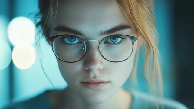A person's face with a bored expression. She is wearing glasses and looking away from the camera.