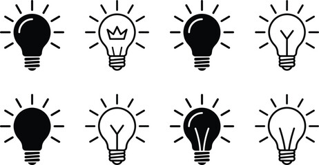 Stylized light bulb icons representing creativity, innovation, bright ideas, and inspiration with unique crown and filament designs © MDSAIFUL