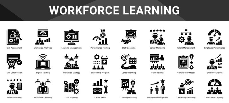 WORKFORCE LEARNING  Icon set collection. Vector icon pack featuring thematic icons for your presentations or business.