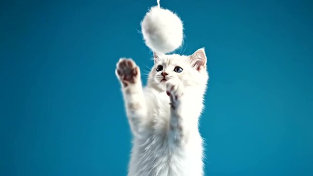 White cat playing with fluffy toy.