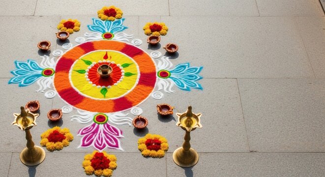  Symmetrical Rangoli Floor Art with Oil Lamps and Floral Accents