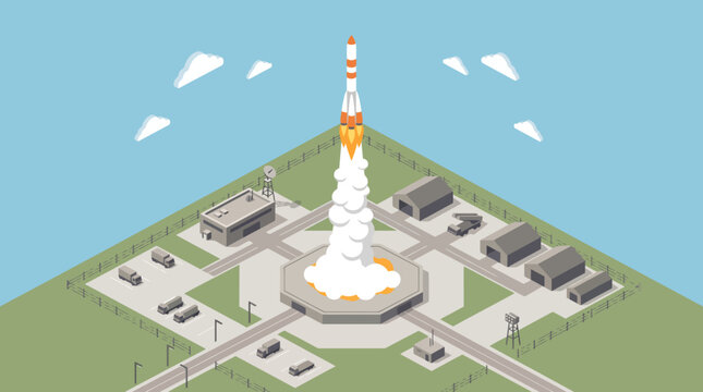 Isometric Space Rocket Launch from Military Base Facility with Smoke and Fire Clouds