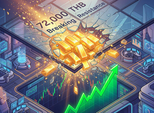 3D isometric illustration of gold bars breaking a glass ceiling with 72,000 THB text and a rising green arrow on a futuristic financial trading dashboard.