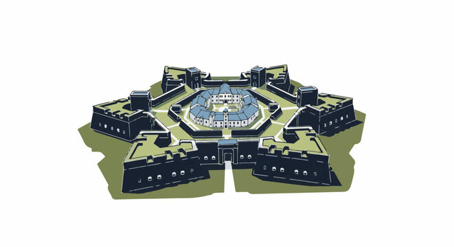Illustration of a star-shaped historical fortification with a central building and multiple bastions