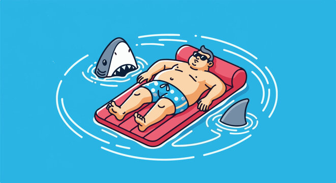 Man on inflatable mattress surrounded by sharks in blue ocean water
