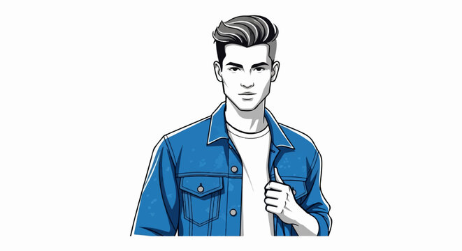 A young man with styled hair wears a blue denim jacket over a white t-shirt