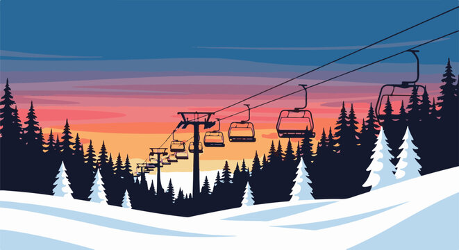 Sunset over snowy ski slope with chairlifts and pine trees