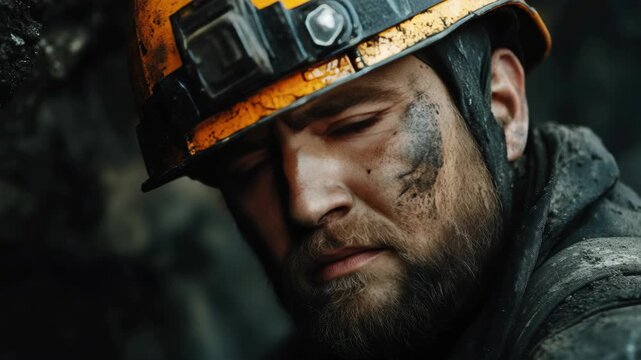 A rugged miner with a focused expression wearing coveralls and a hard hat.