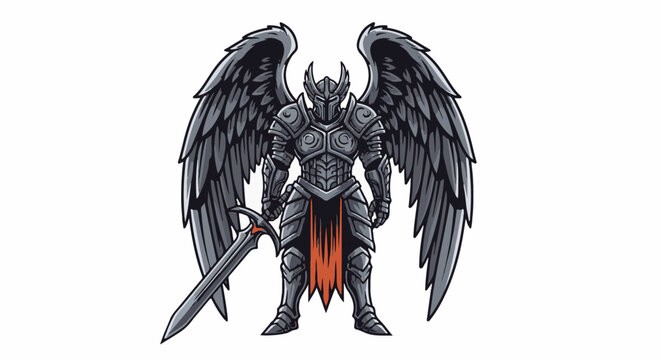 Powerful armored winged warrior holding a sword