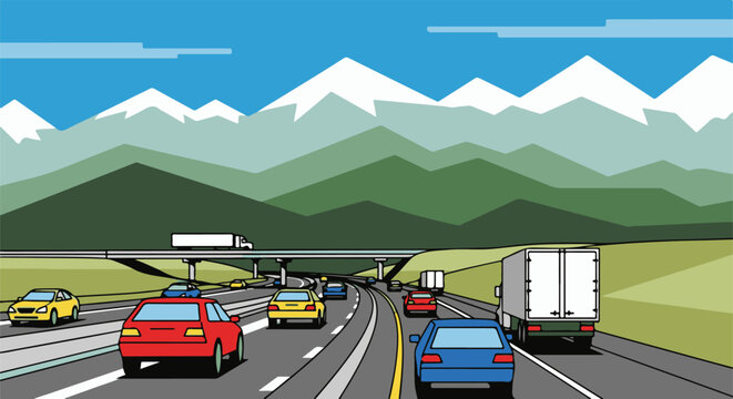 Cars on a multi-lane highway with mountains and a bridge in the background