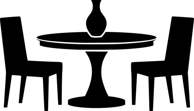 Minimalist black silhouette of a round dining table with two chairs and a vase

