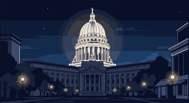 Pixel art of a large capitol building at night with a moon