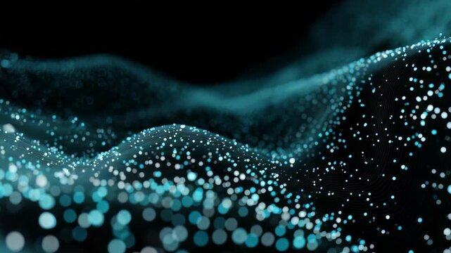 Vibrant field luminous blue particles undulates across black backdrop, evoking concepts digital data, artificial intelligence, virtual reality. Scene suggests innovation, high tech progress