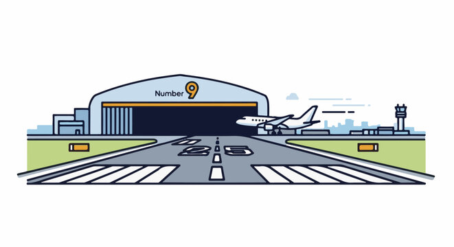 An illustration of an airport with a hangar, runway, and a jet airplane