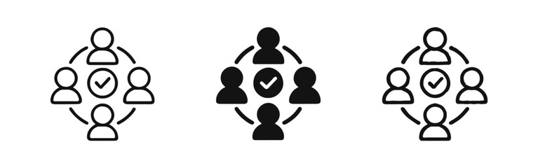 Teamwork and group approval icon set. People in a circle with a checkmark symbol for collaboration. © ICONS FOR YOU