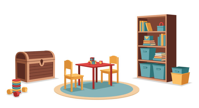 Playroom interior illustration featuring wooden treasure chest, red table with two chairs on rug, and tall bookshelf with blue bins.
