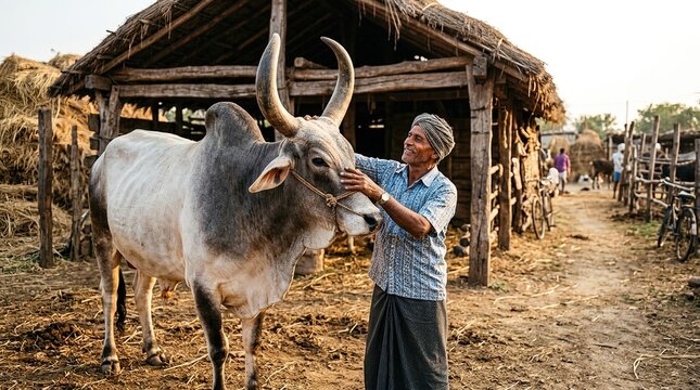 Man interacting with bull in rural environment near wooden structure