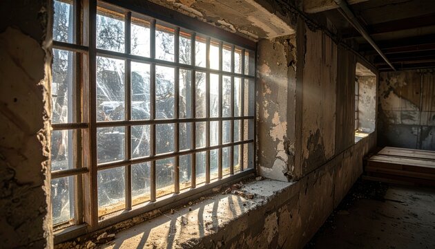 A strong, reinforced basement window with steel security bars, casting bright sunlight and defined shadows onto the aged, distressed interior wall.