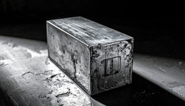A weathered block of dull grey tin with a textured surface displaying its age and solid form.